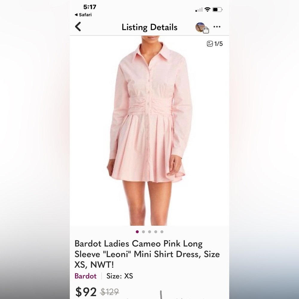 Bardot Ladies Cameo Pink Long Sleeve "Leoni" Mini Shirt Dress, Size XS, NWT!